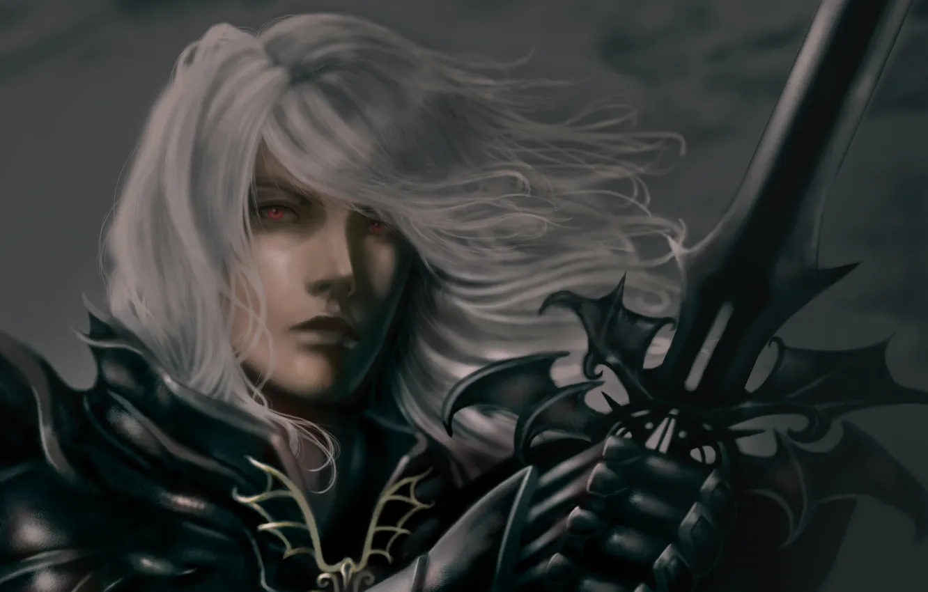 Фото обои меч, Мужчина, красные глаза, белые волосы