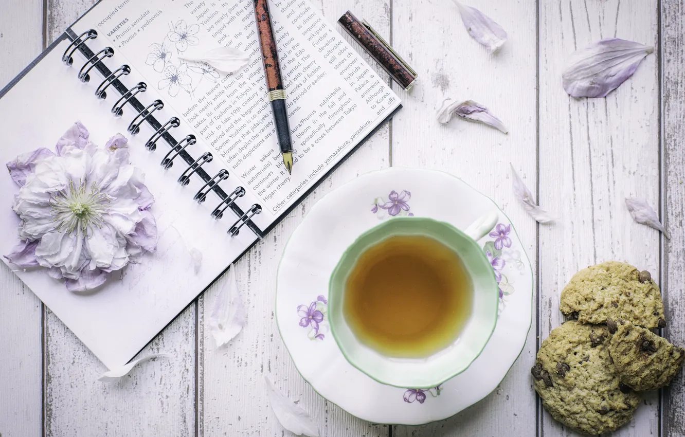Фото обои цветы, чай, печенье, ручка