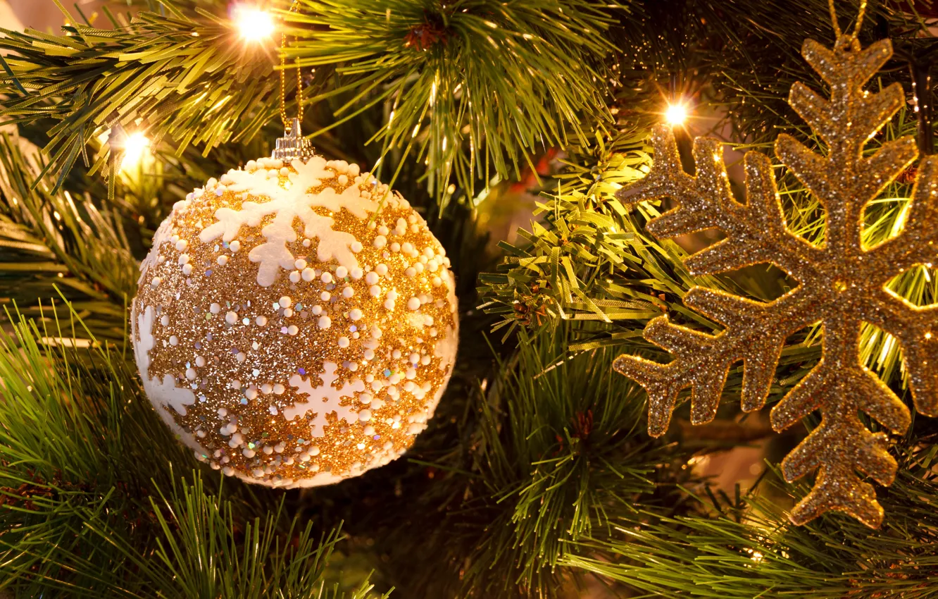Фото обои елка, шар, Новый Год, Рождество, golden, Christmas, New Year, ball