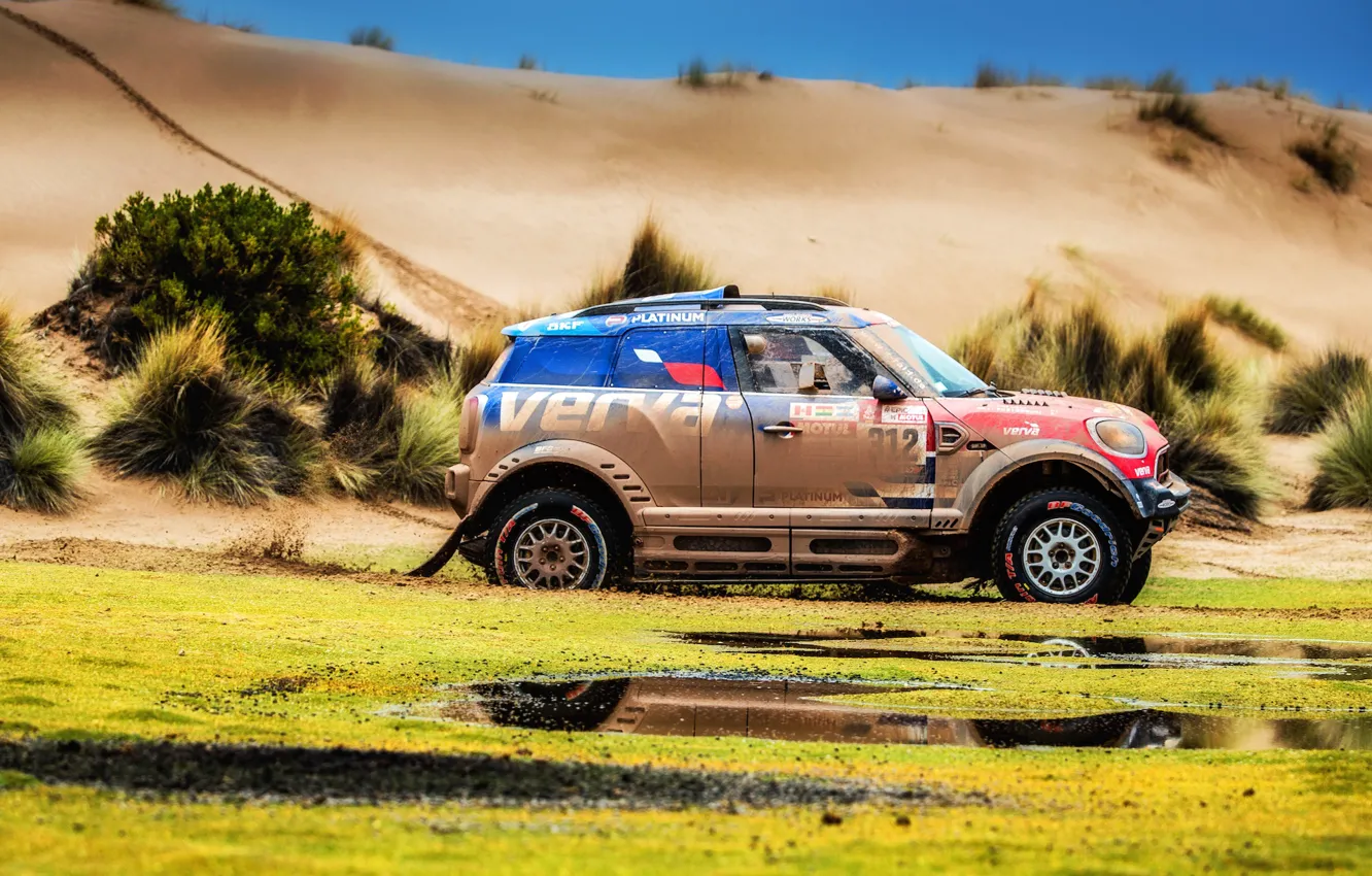Фото обои Песок, Mini, Спорт, Машина, Скорость, Гонка, Rally, Dakar