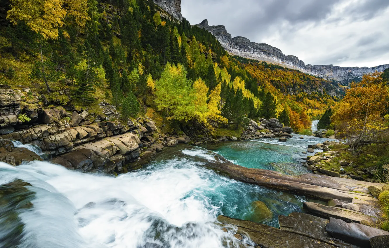 Фото обои осень, пейзаж, горы, природа, водопад, Испания, каскад, леса