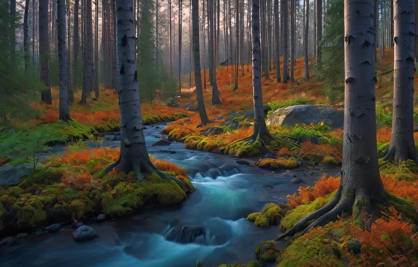 Фото обои forest, trees, nature, water, stream