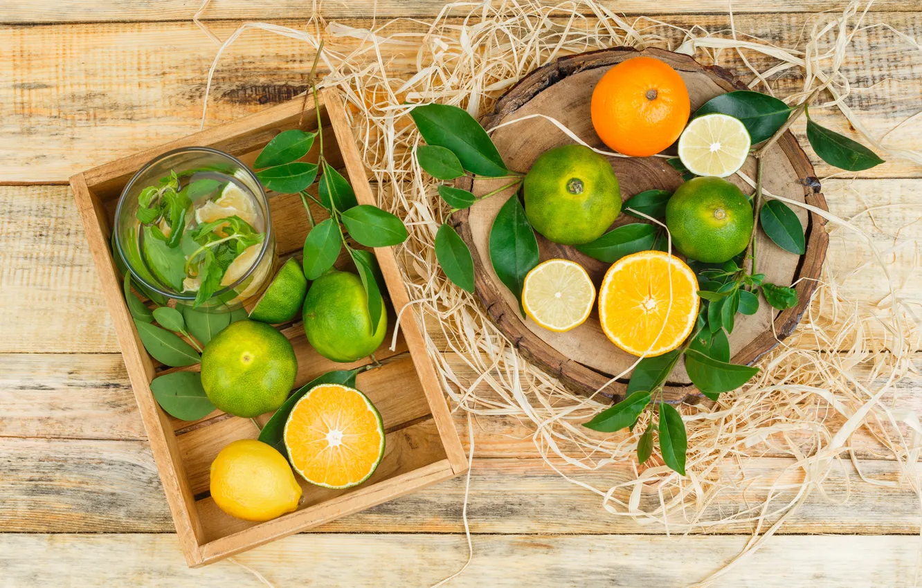 Фото обои лимон, апельсины, лайм, ящик, цитрусы