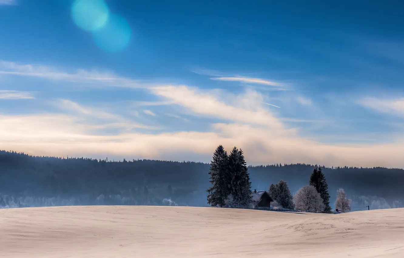Фото обои зима, небо, снег, дом