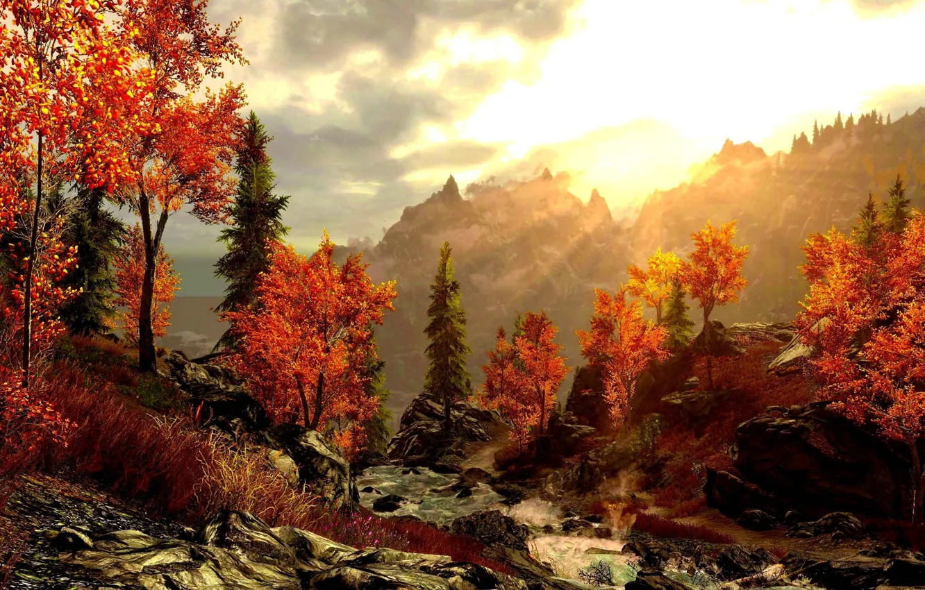 Фото обои осень, лес, горы, картина, арт, красивая, живопись, painting