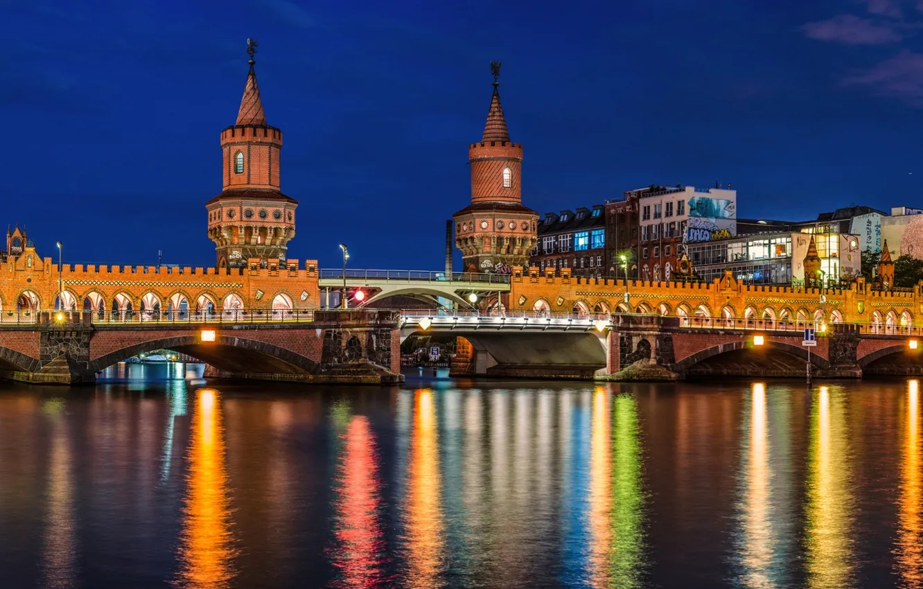 Фото обои дорога, мост, город, огни, река, Германия, освещение, подсветка