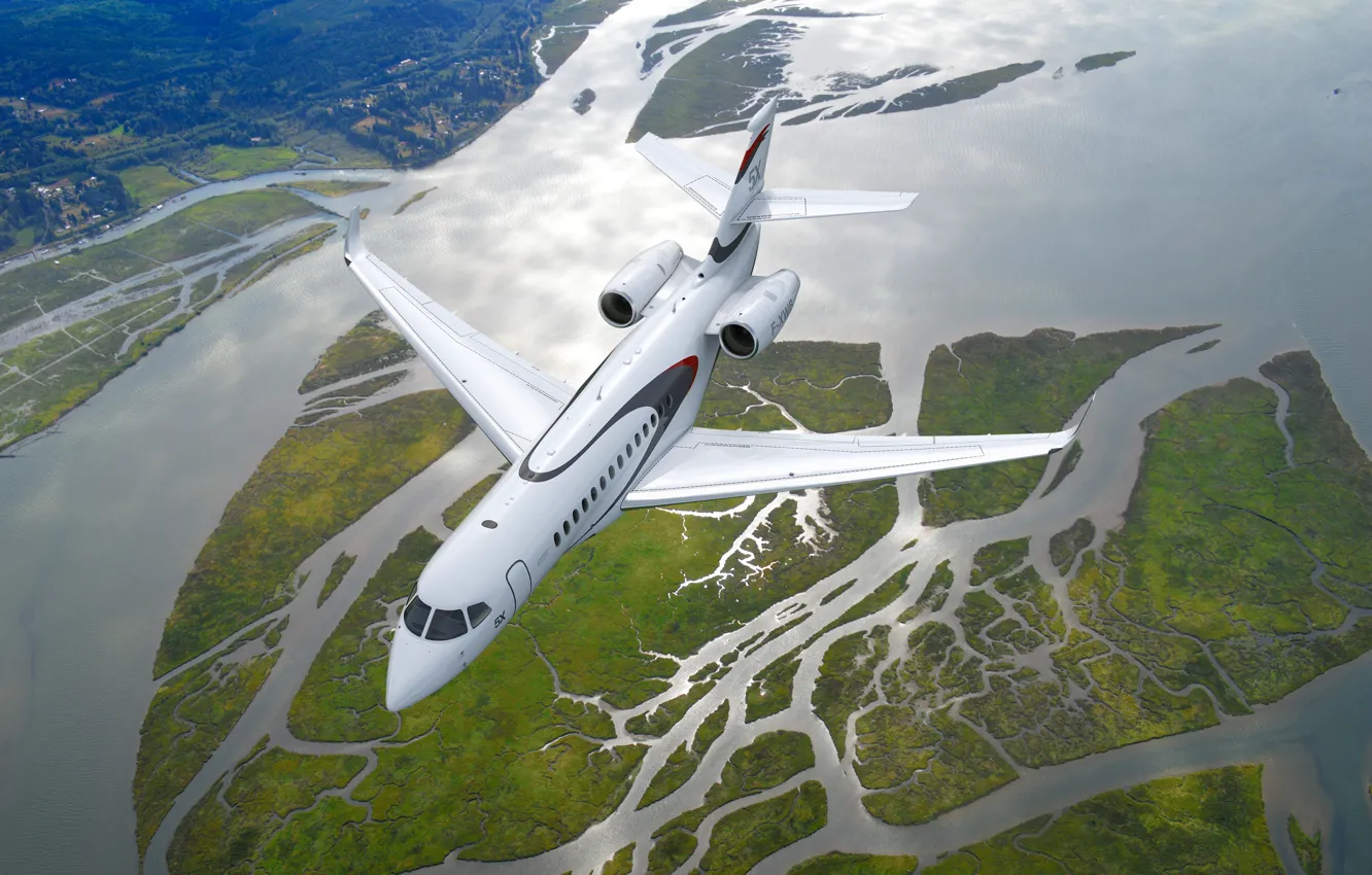 Фото обои Самолет, Полет, Сверху, Dassault Aviation, Национальный заповедник Льюиса и Кларка, Дальний бизнес-джет, Falcon 5X, Lewis …
