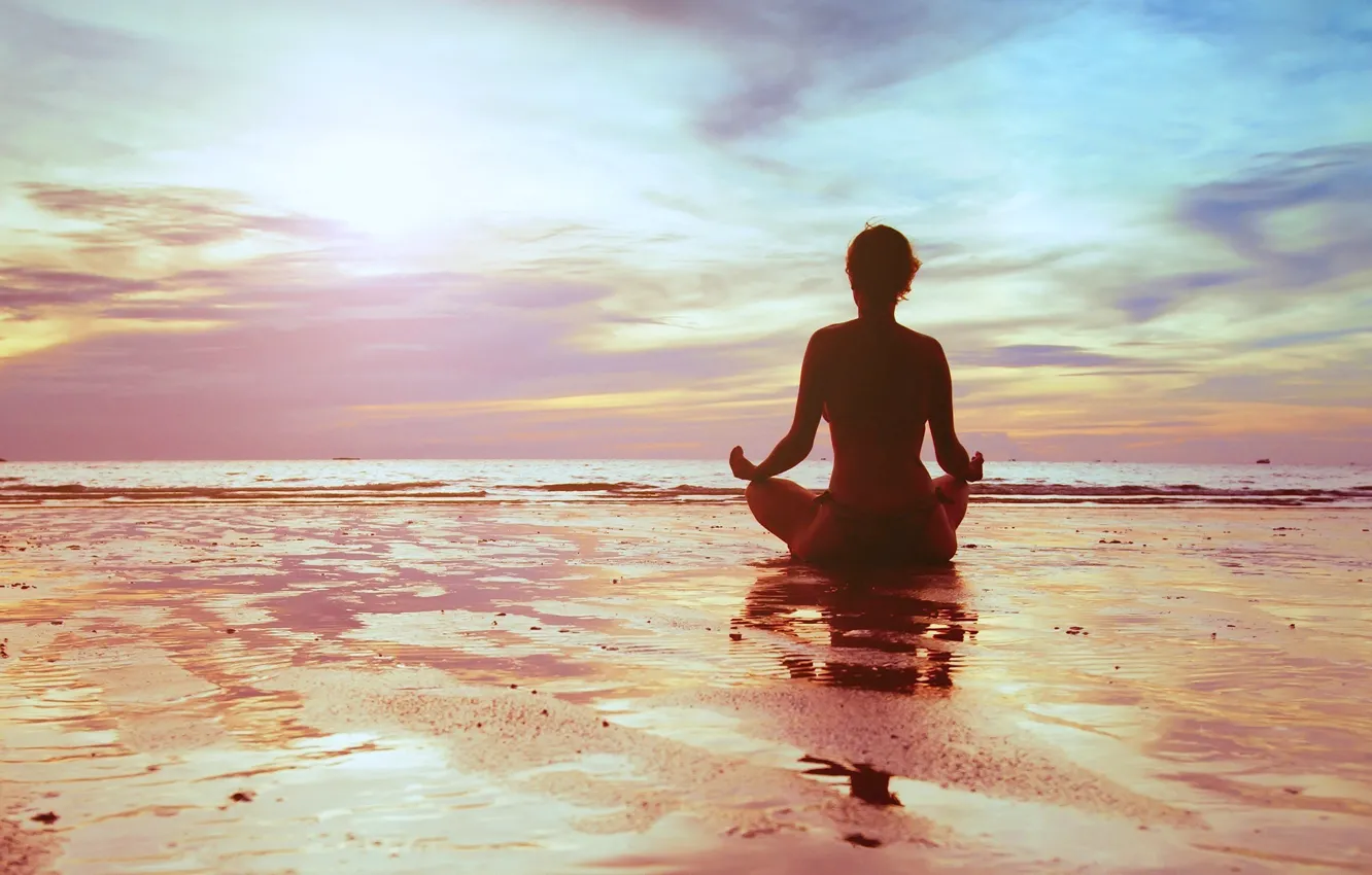 Фото обои море, девушка, закат, медитация, meditation