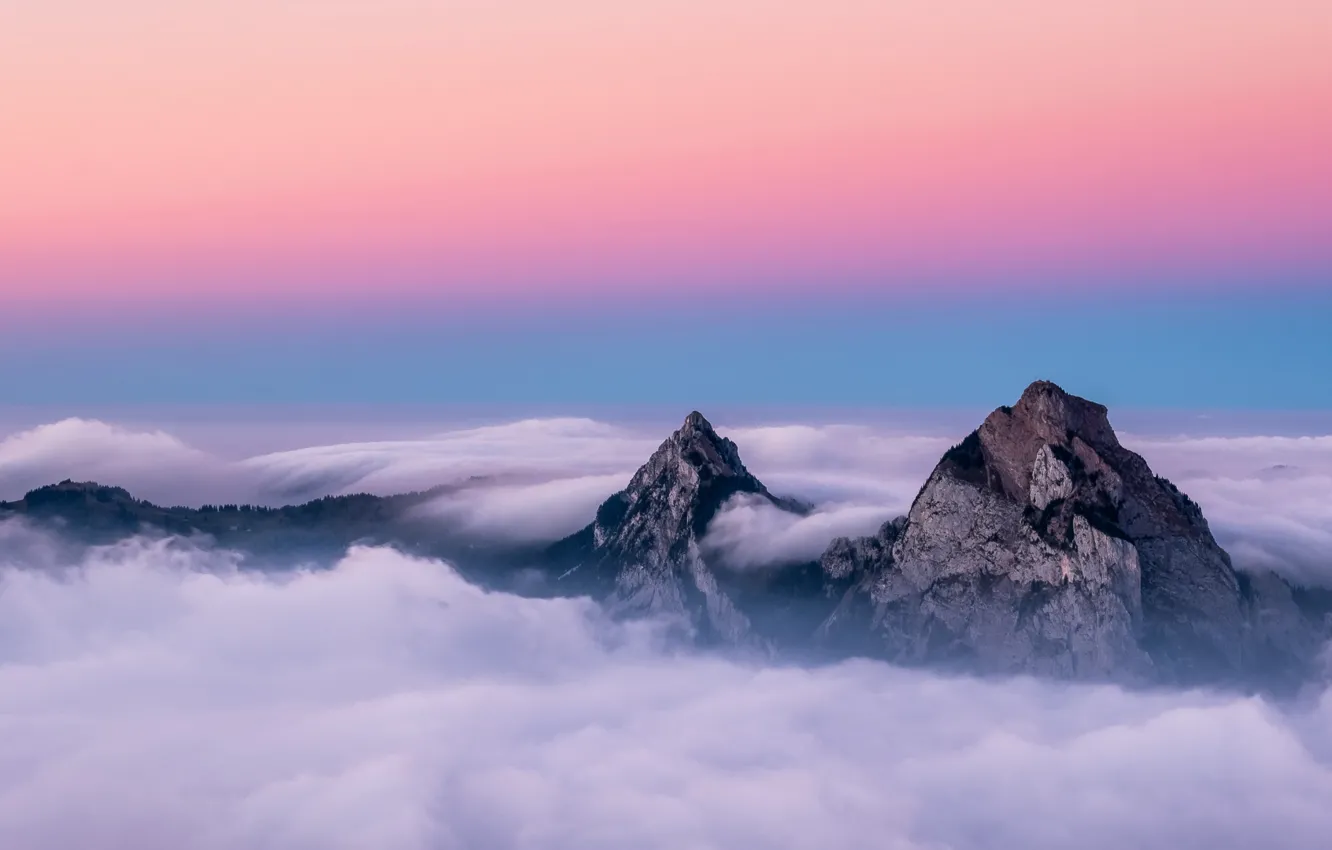 Фото обои Switzerland, trees, landscape, nature, sunset, mountains, clouds, mist