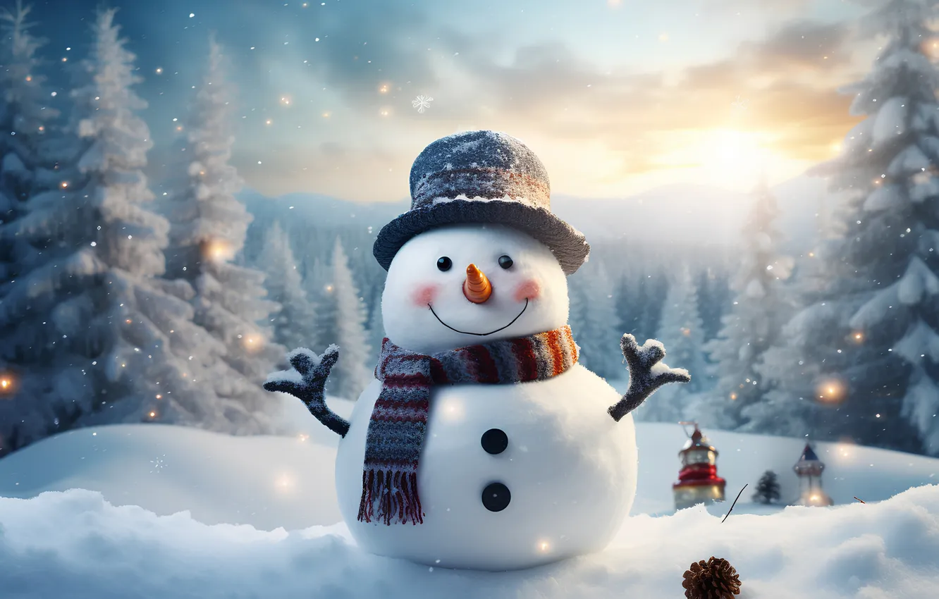 Фото обои зима, снег, Рождество, Новый год, снеговик, Christmas, winter, snow