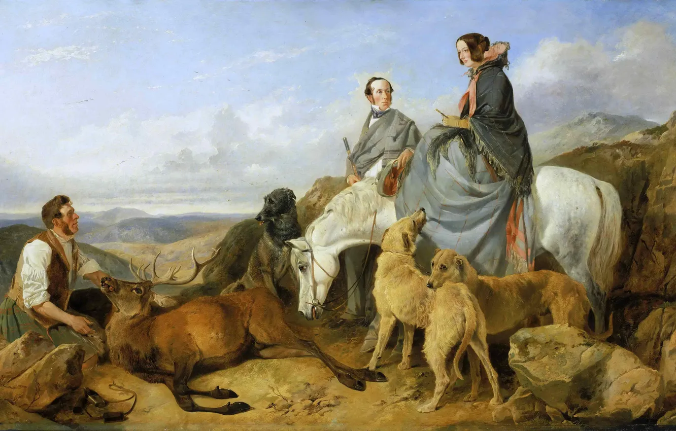 Фото обои собаки, небо, пейзаж, горы, тучи, люди, лошадь, картина