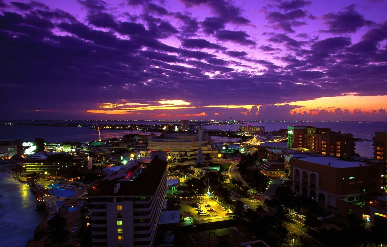 Фото обои закат, город, огни, Мексика, ночной, Mexico, Cancun at Twilight, Канкун