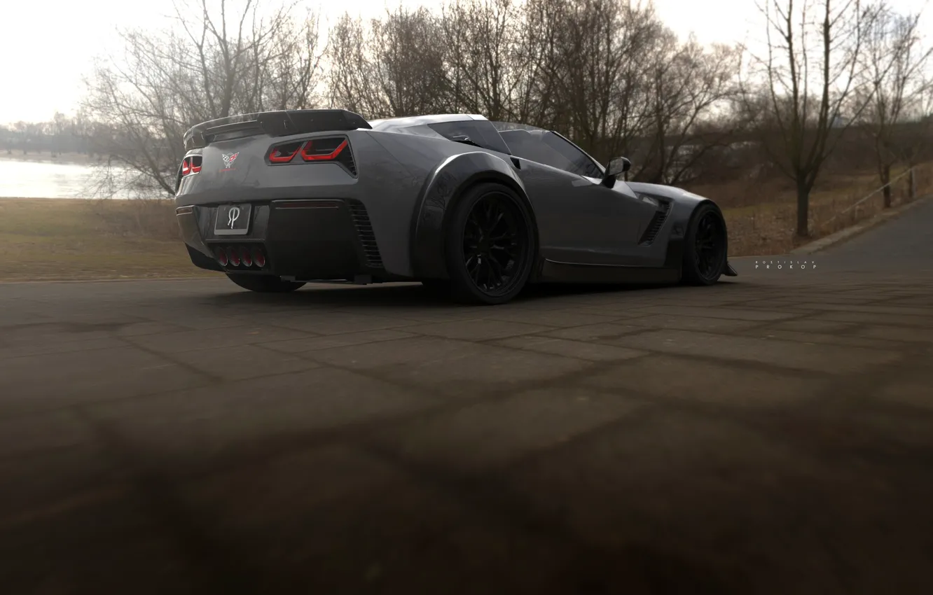 Фото обои Авто, Corvette, Chevrolet, Машина, Серый, Chevrolet Corvette, Рендеринг, Concept Art