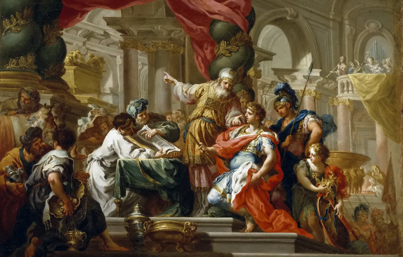 Фото обои картина, история, мифология, Себастьяно Конча, Александр Великий в Иерусалимском Храме