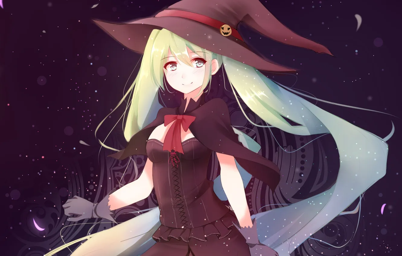 Фото обои взгляд, девушка, ночь, улыбка, праздник, шляпа, vocaloid, hatsune miku