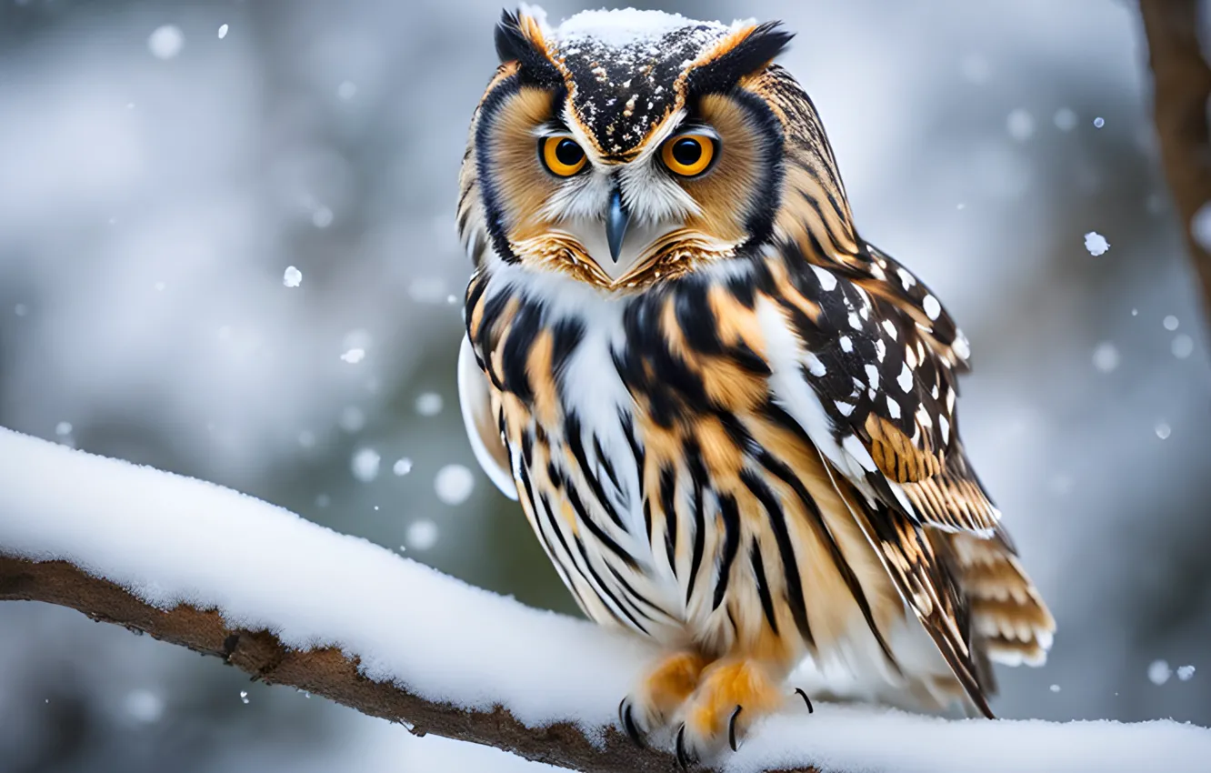 Фото обои bird, snow, look, branch, owl