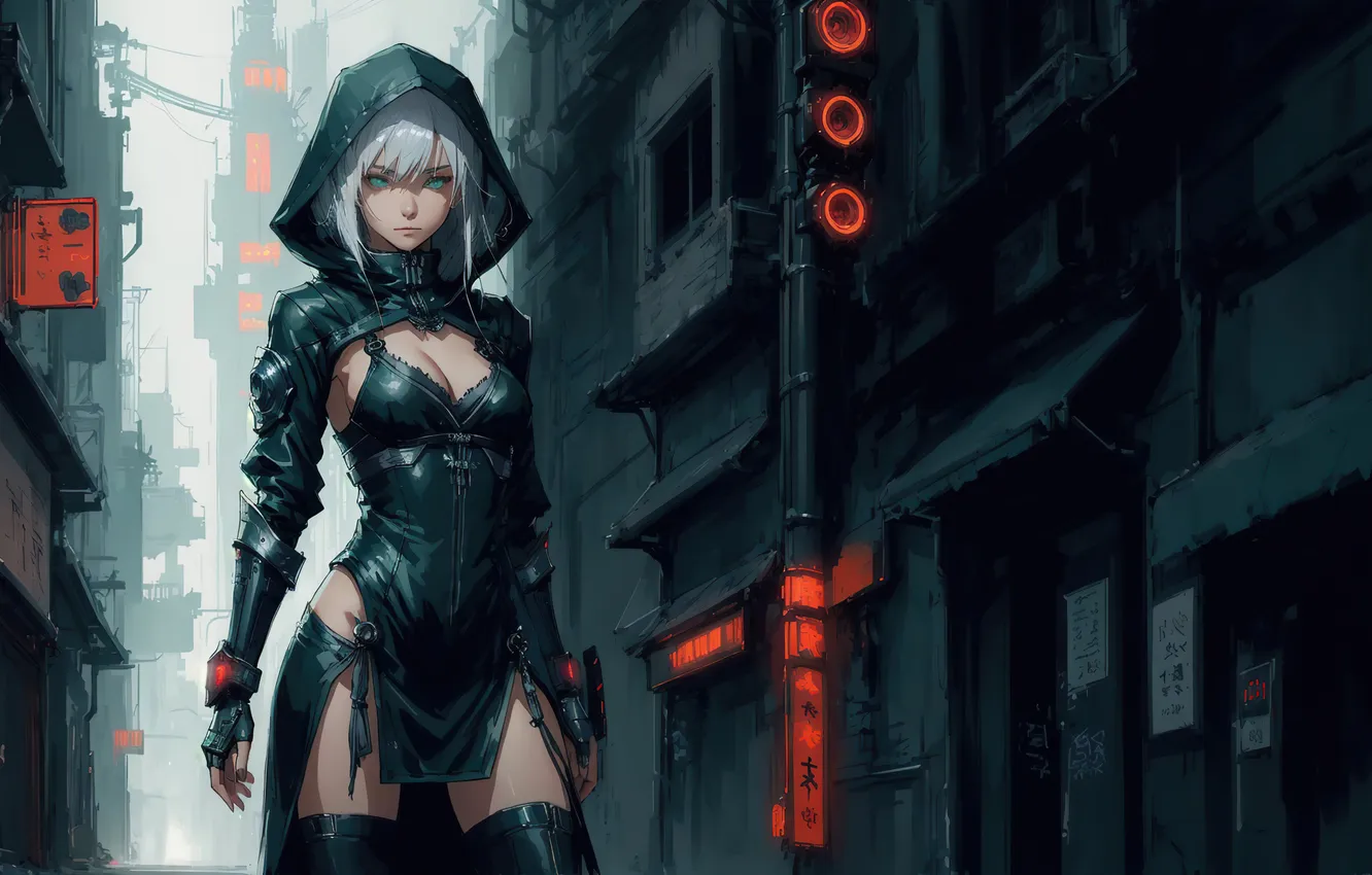Фото обои girl, fantasy, android, anime, art, cyberpunk, painting, fantasy art