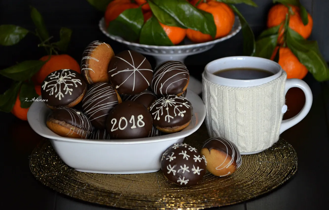 Фото обои кофе, шоколад, печенье, чашка, 2018, мандарин