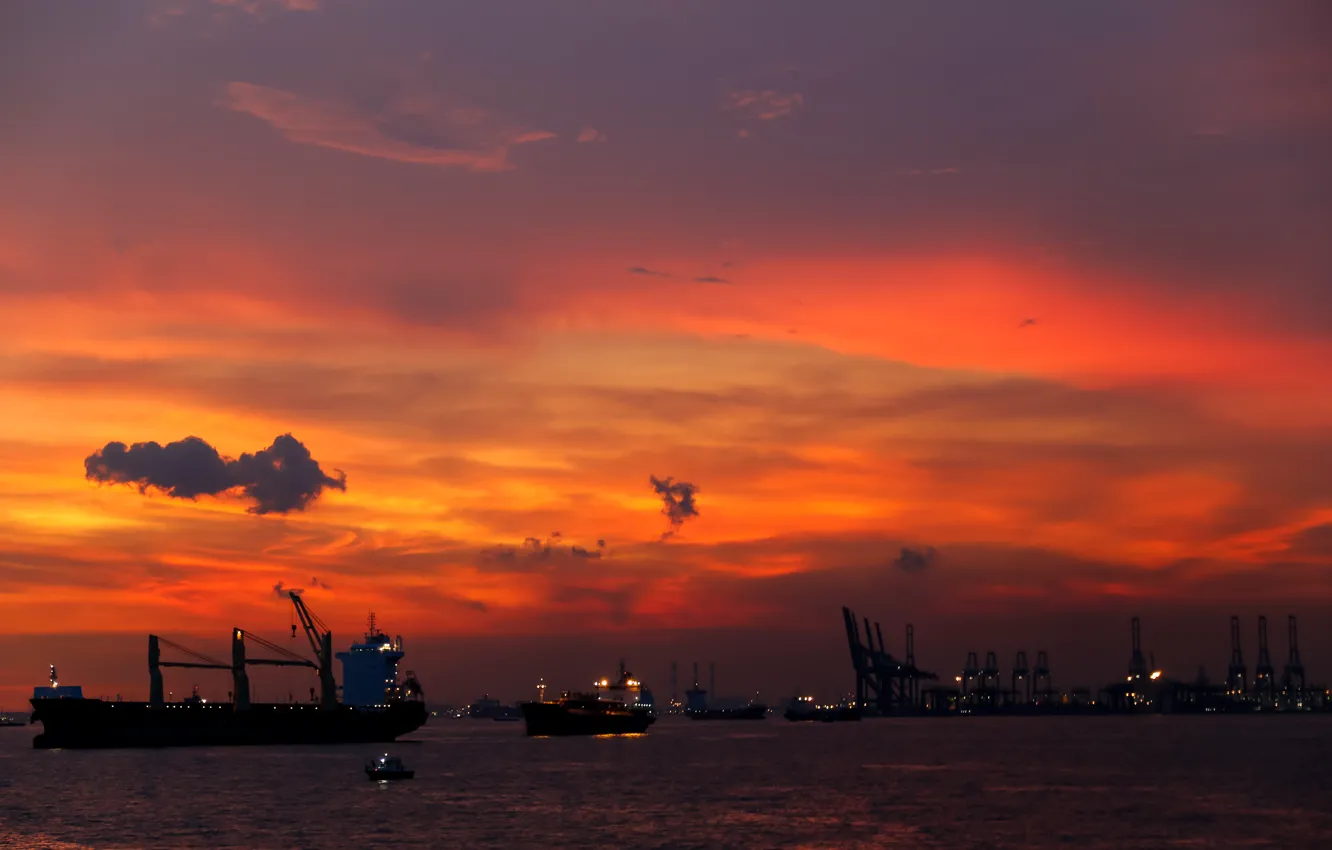 Фото обои пейзаж, закат, корабли, порт