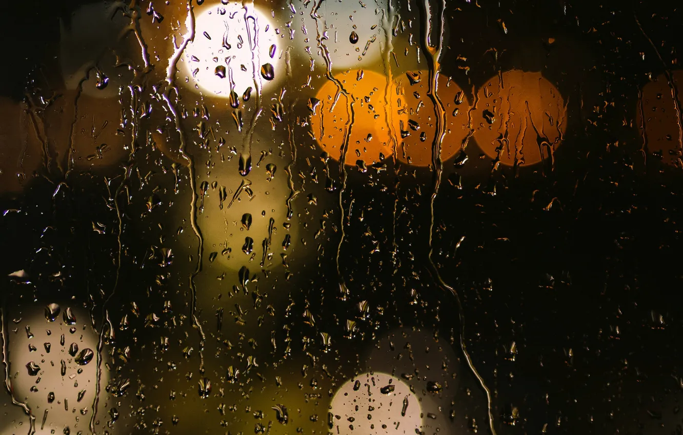 Фото обои стекло, вода, капли, макро, огни, дождь, желтые, оранжевые