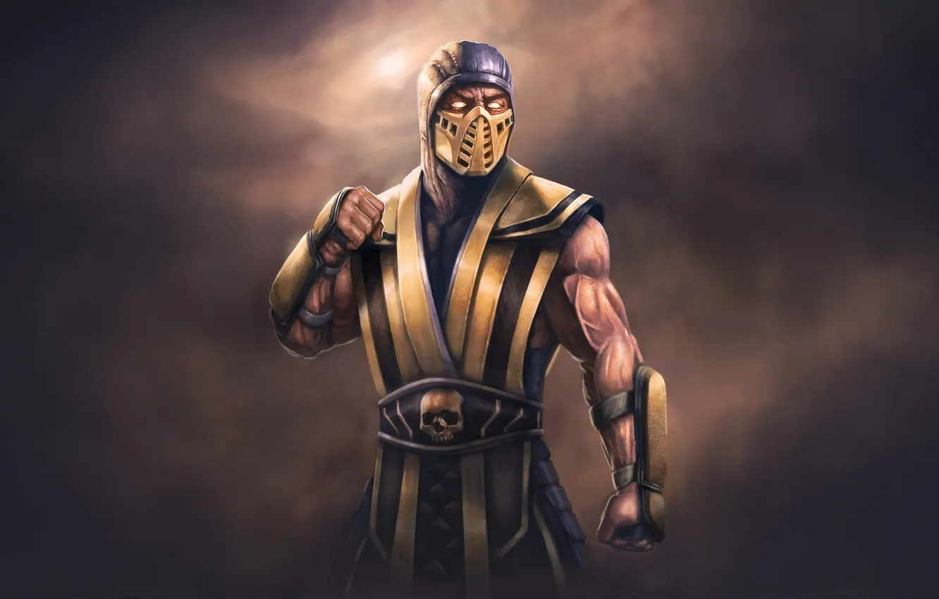 Фото обои scorpion, muscular, forte, poderoso, homem, fogo, escorpião, combate mortal