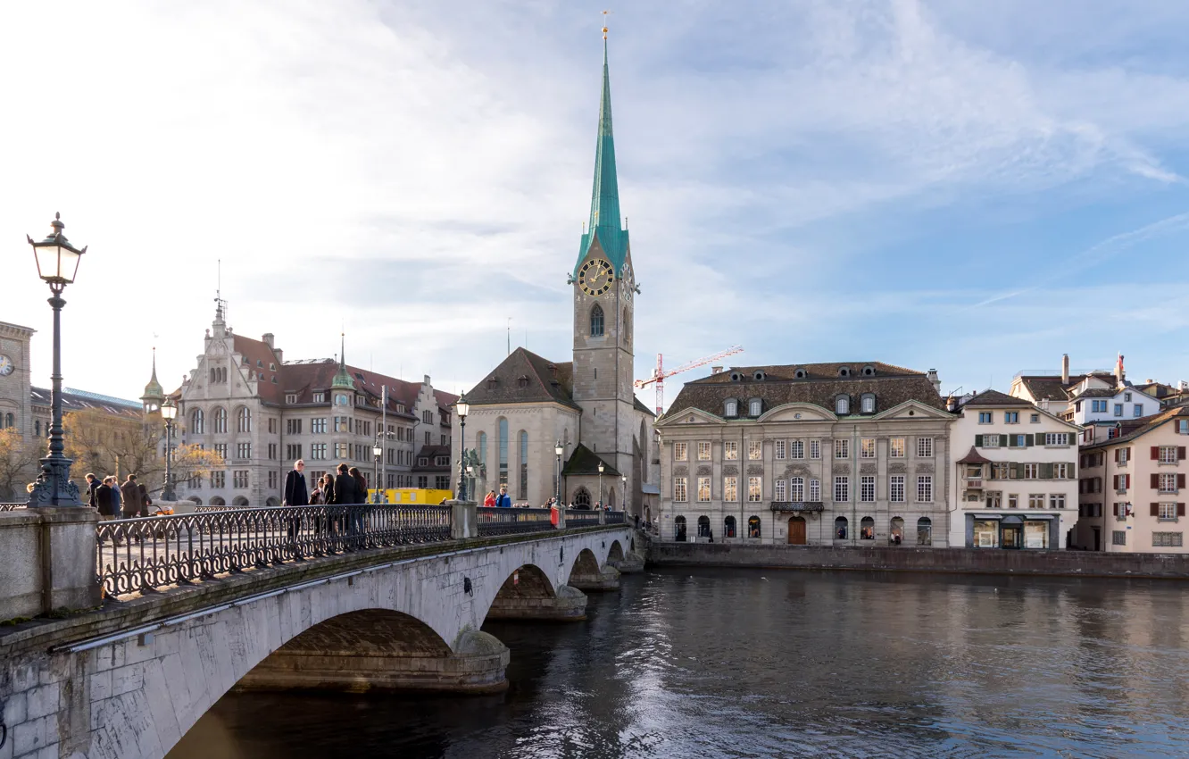 Фото обои мост, Швейцария, церковь, Switzerland, Цюрих, Zurich