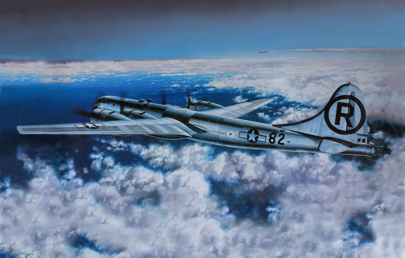 Фото обои небо, облака, рисунок, арт, бомбардировщик, самолёт, американский, стратегический