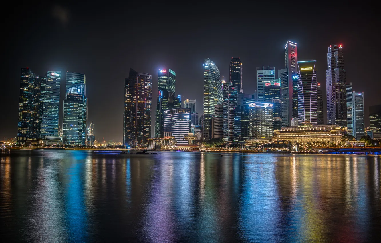 Фото обои ночь, город, огни, здания, небоскребы, подсветка, Сингапур