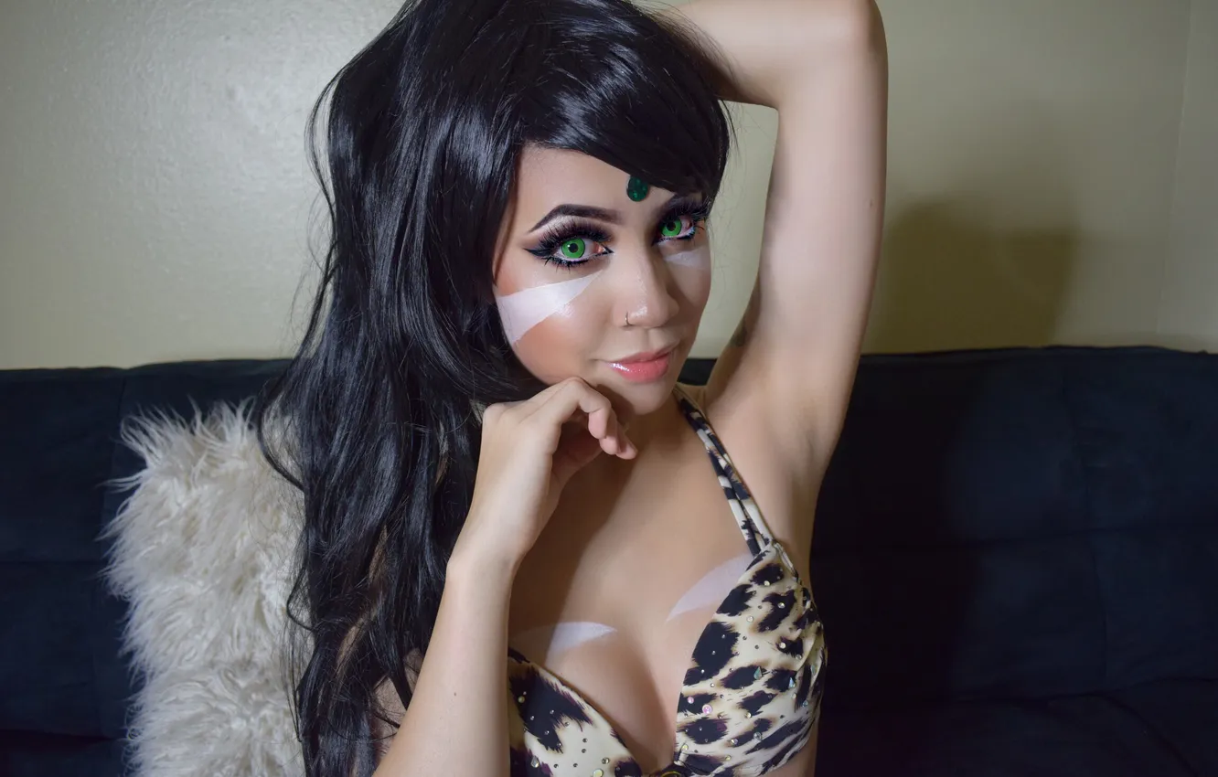 Фото обои green eyes, long hair, model, League of Legends, gorgeous, photoshoot, posing, beautiful face