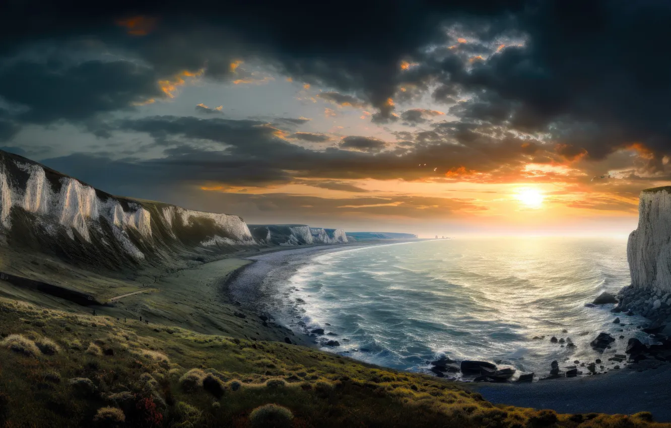 Фото обои море, волны, небо, солнце, пейзаж, закат, горы, тучи