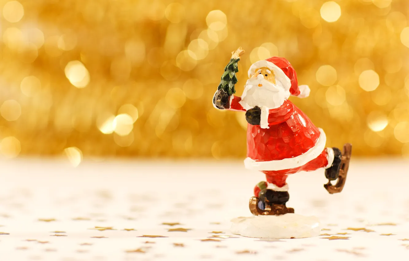 Фото обои Рождество, Новый год, Санта Клаус, фигурка, боке, на коньках