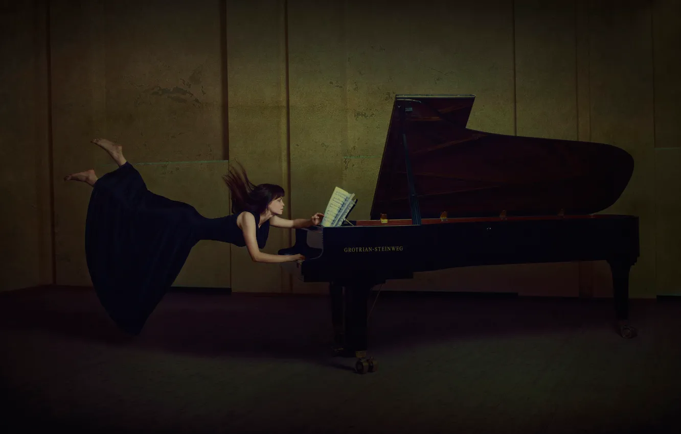 Фото обои девушка, ноты, пианино, левитация