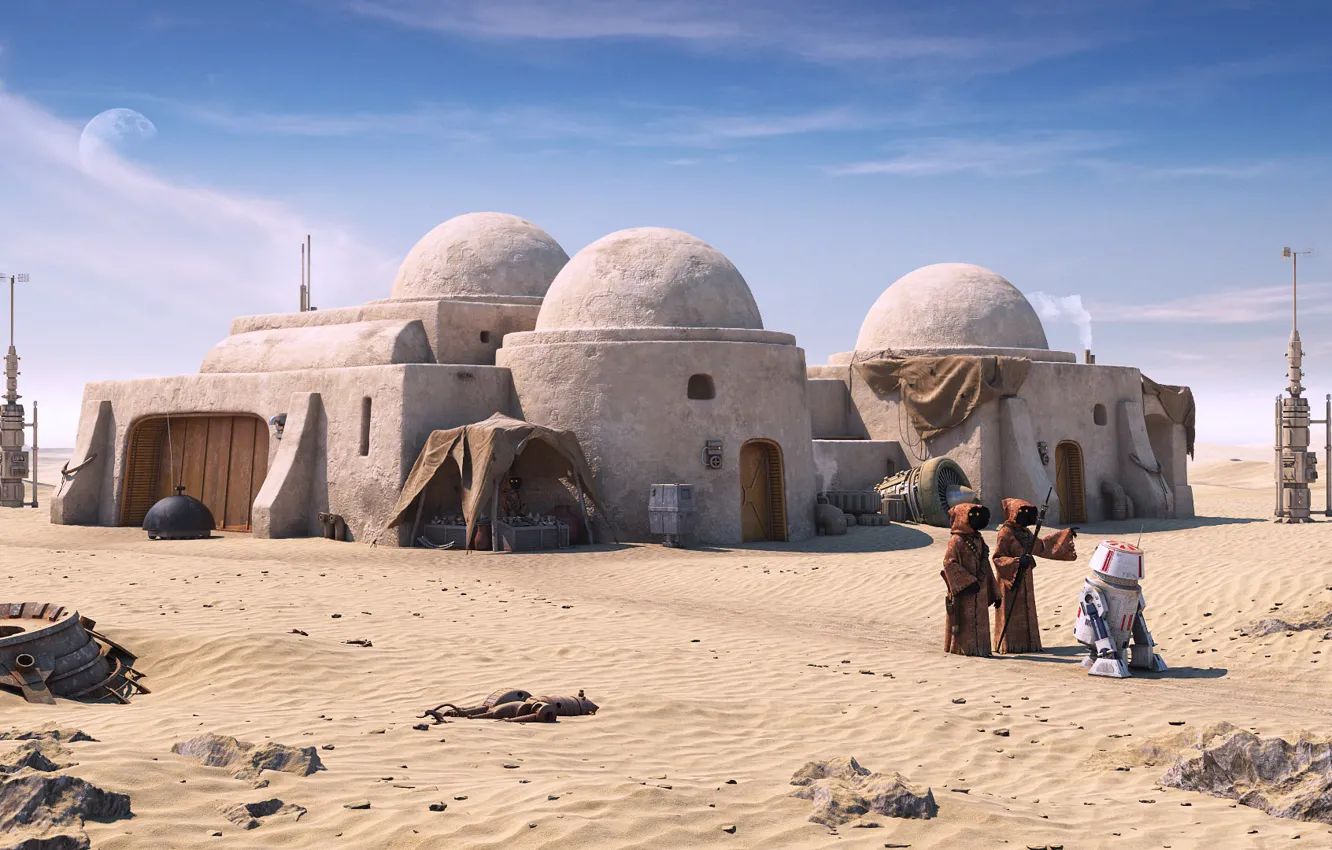 Фото обои робот, существа, постройки, Return to Tatooine
