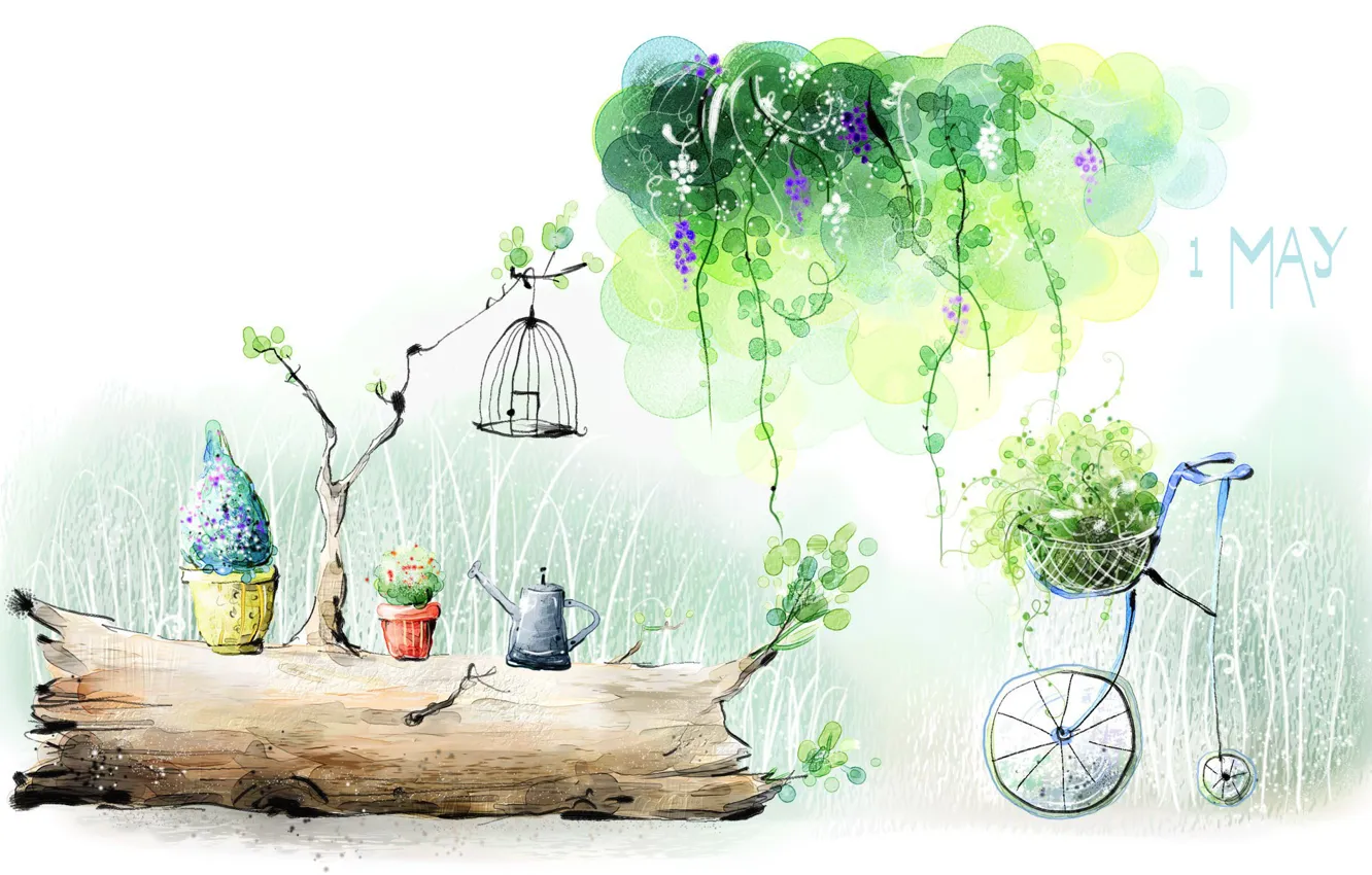 Фото обои зелень, природа, рисунок, растения, акварель, май