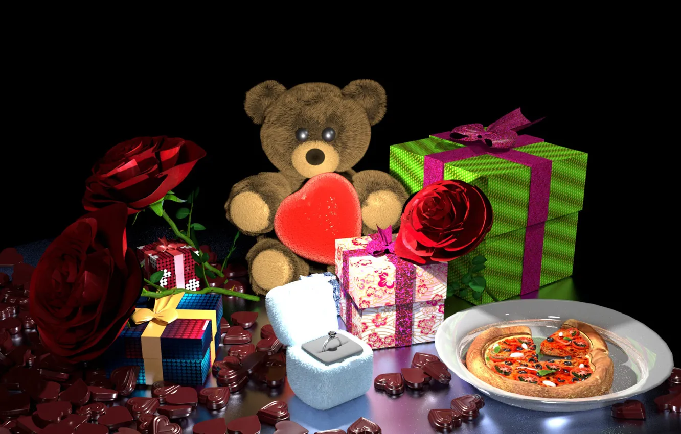 Фото обои цветы, рендеринг, подарок, шоколад, кольцо, арт, мишка, подарки