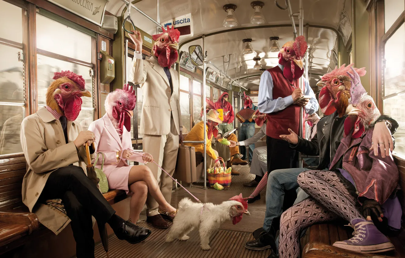 Фото обои рендеринг, люди, метро, вагон, курицы, петух