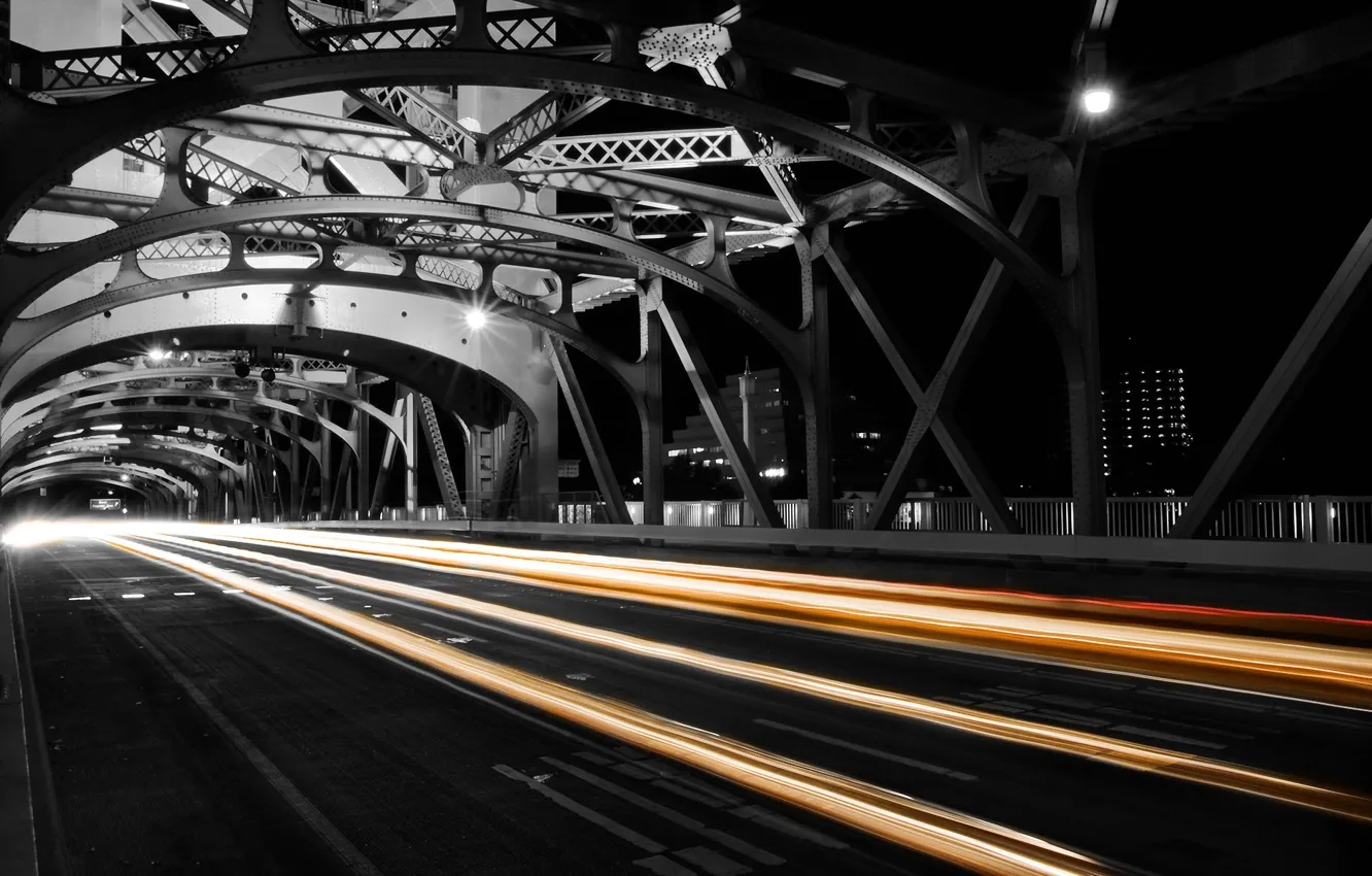 Фото обои дорога, ночь, огни, Мост