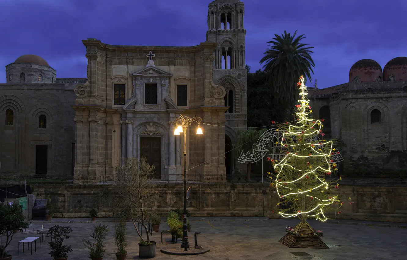 Фото обои огни, праздник, елка, Новый Год, Рождество, Италия, Палермо, Марторана