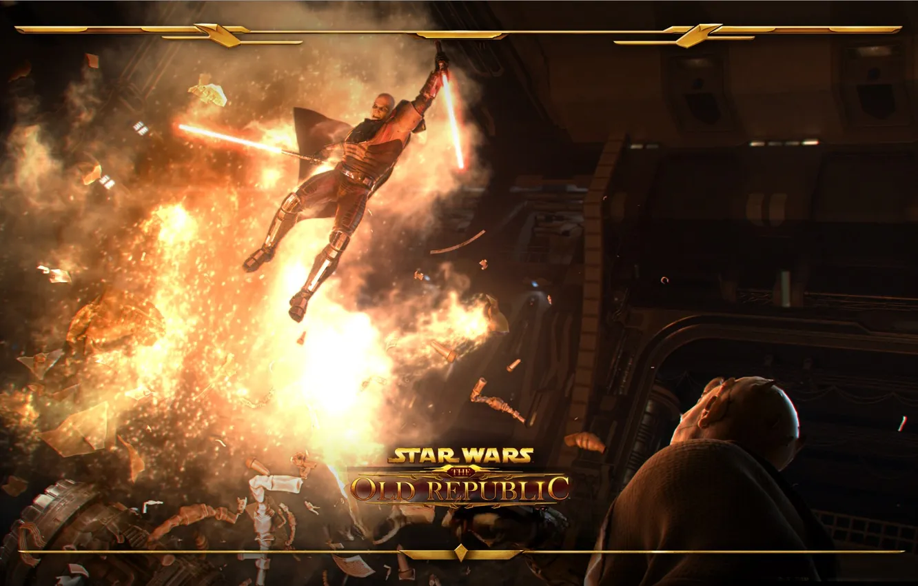 Фото обои взрыв, оружие, огонь, прыжок, персонажи, Star Wars The Old Republic