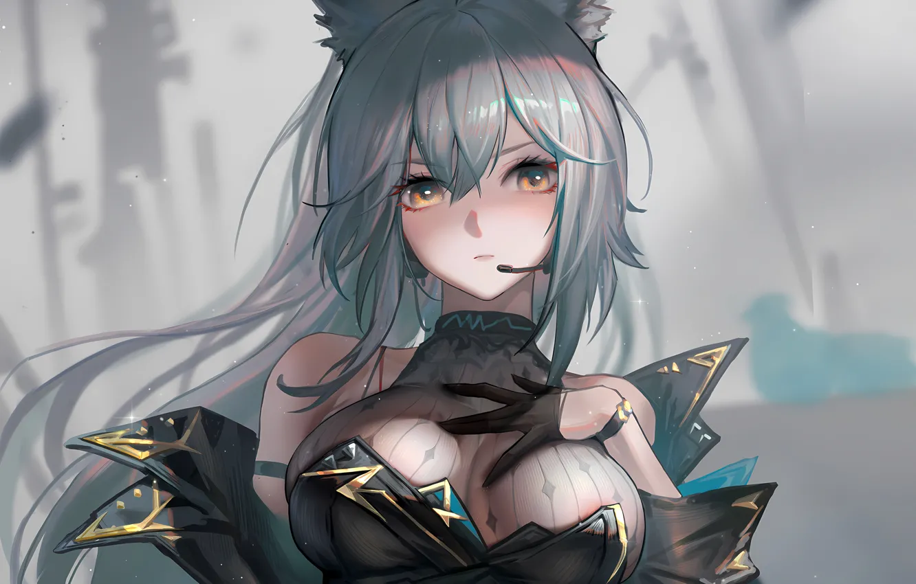 Фото обои girl, sexy, cleavage, blouse, long hair, boobs, animal ears, anime