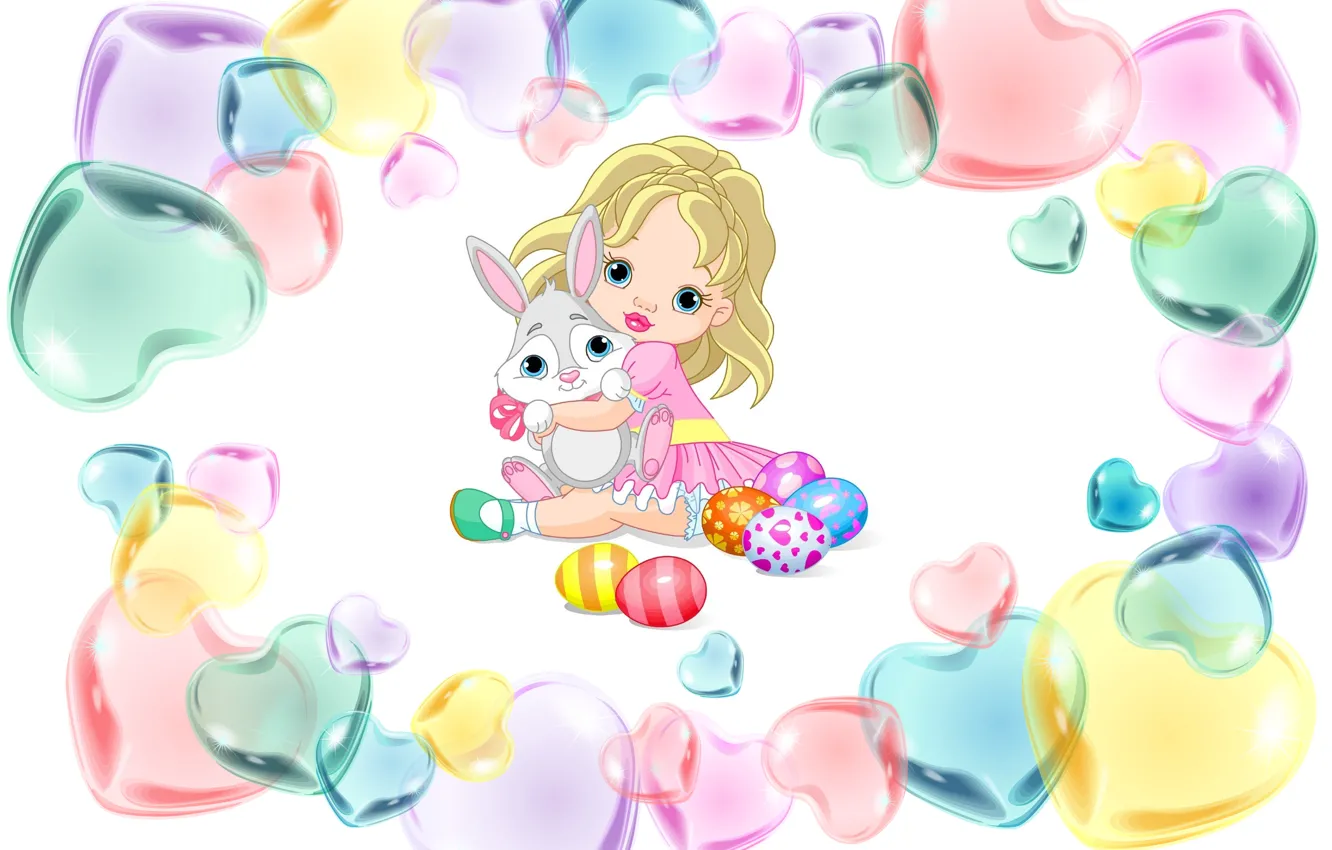 Фото обои праздник, яйцо, кукла, арт, пасха, девочка, зайчик, сердечко