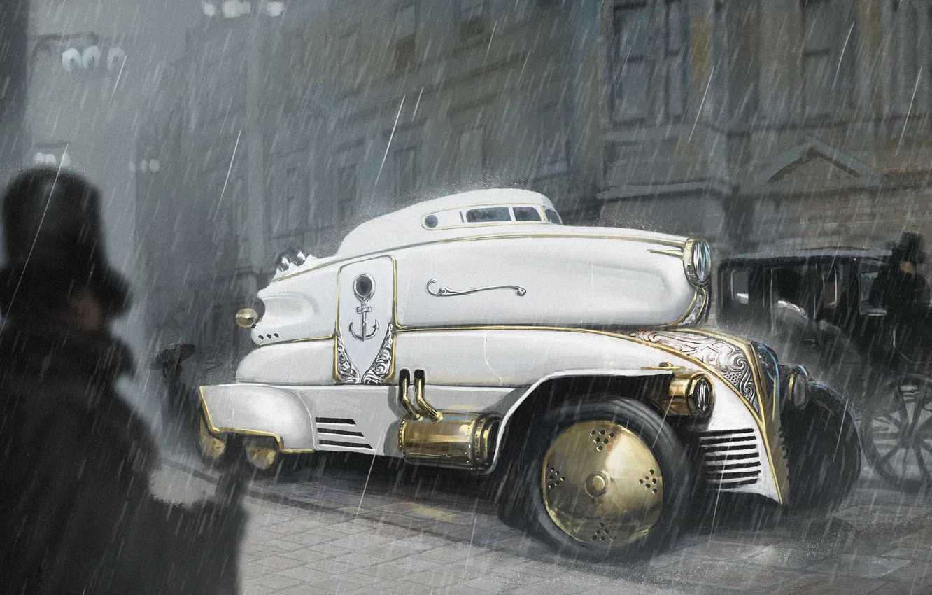 Фото обои машина, город, дождь, арт, стимпанк, белая, steampunk