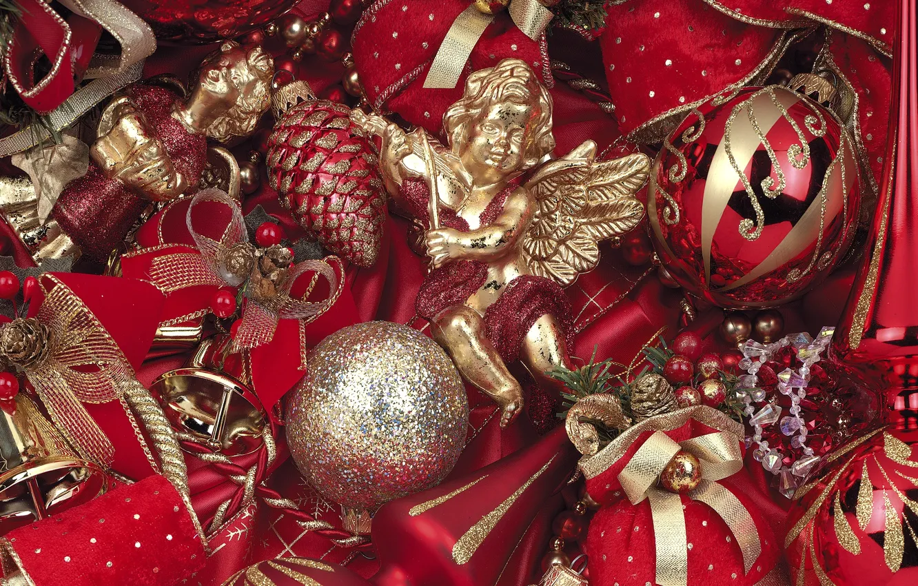 Фото обои зима, шарики, игрушки, ангелы, Новый Год, Рождество, красные, колокольчики