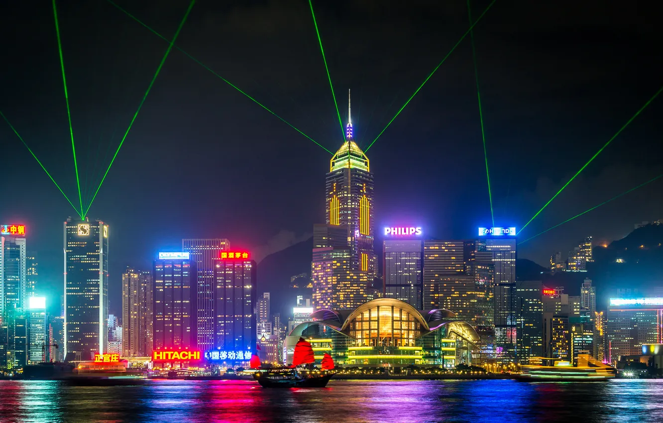 Фото обои Гонконг, неон, лодки, горизонт, Китай, лазерные лучи, лавровый