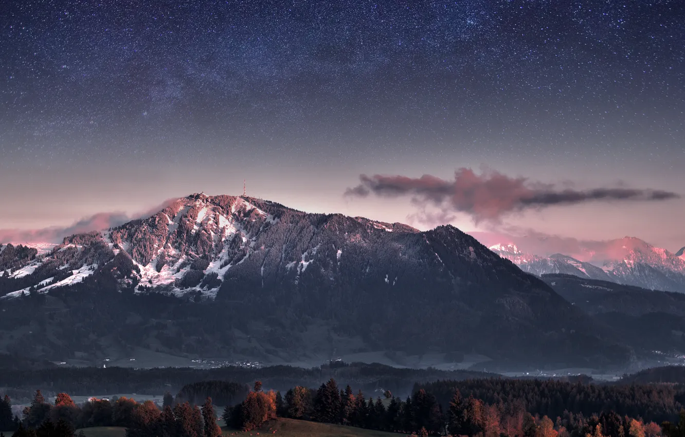 Фото обои лес, небо, звезды, деревья, горы, вечер, Германия, сумерки