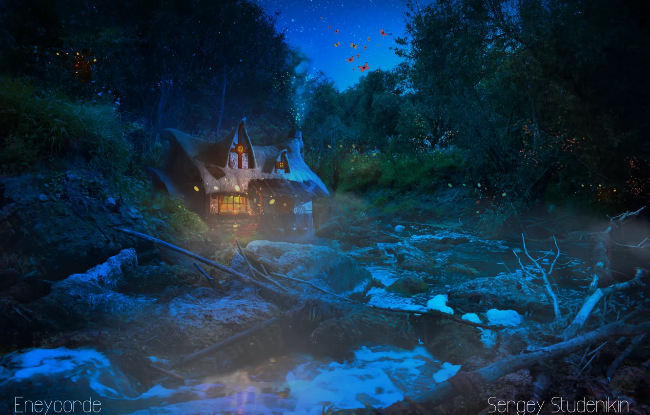 Фото обои лес, вода, звезды, ночь, магия, trine