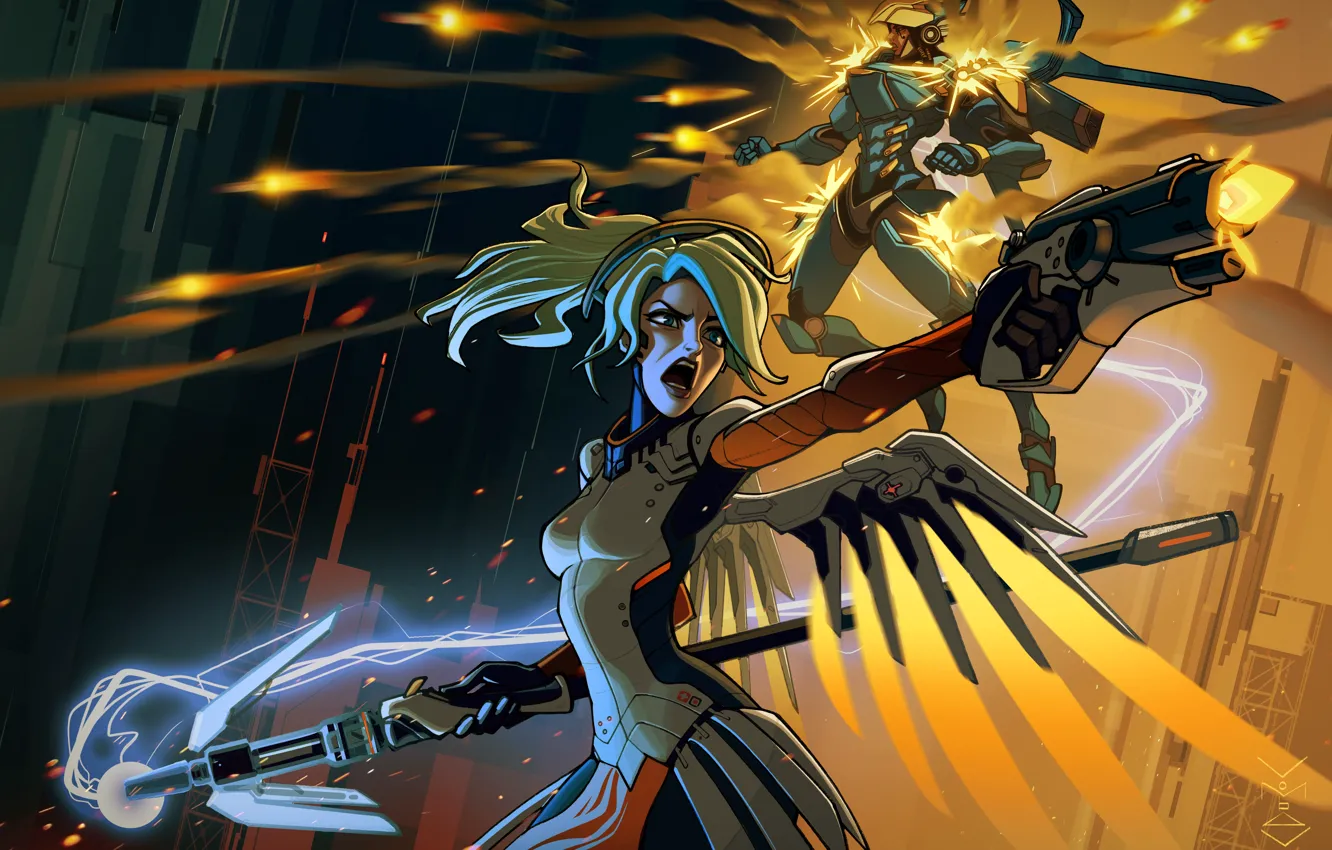 Фото обои blizzard, art, Overwatch, mercy, Pharah, Angela Ziegler, Fareeha Amari