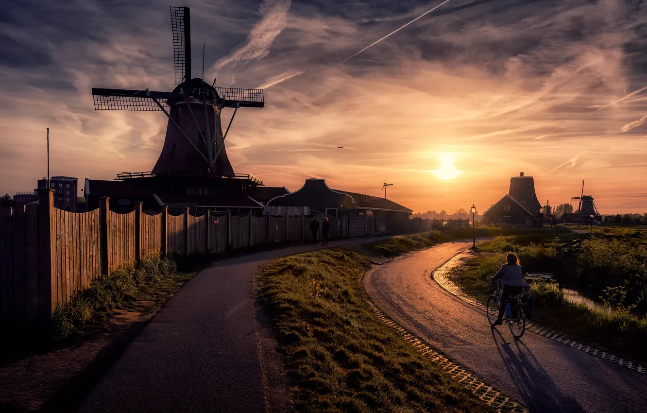Фото обои солнце, улица, мельница, Netherlands