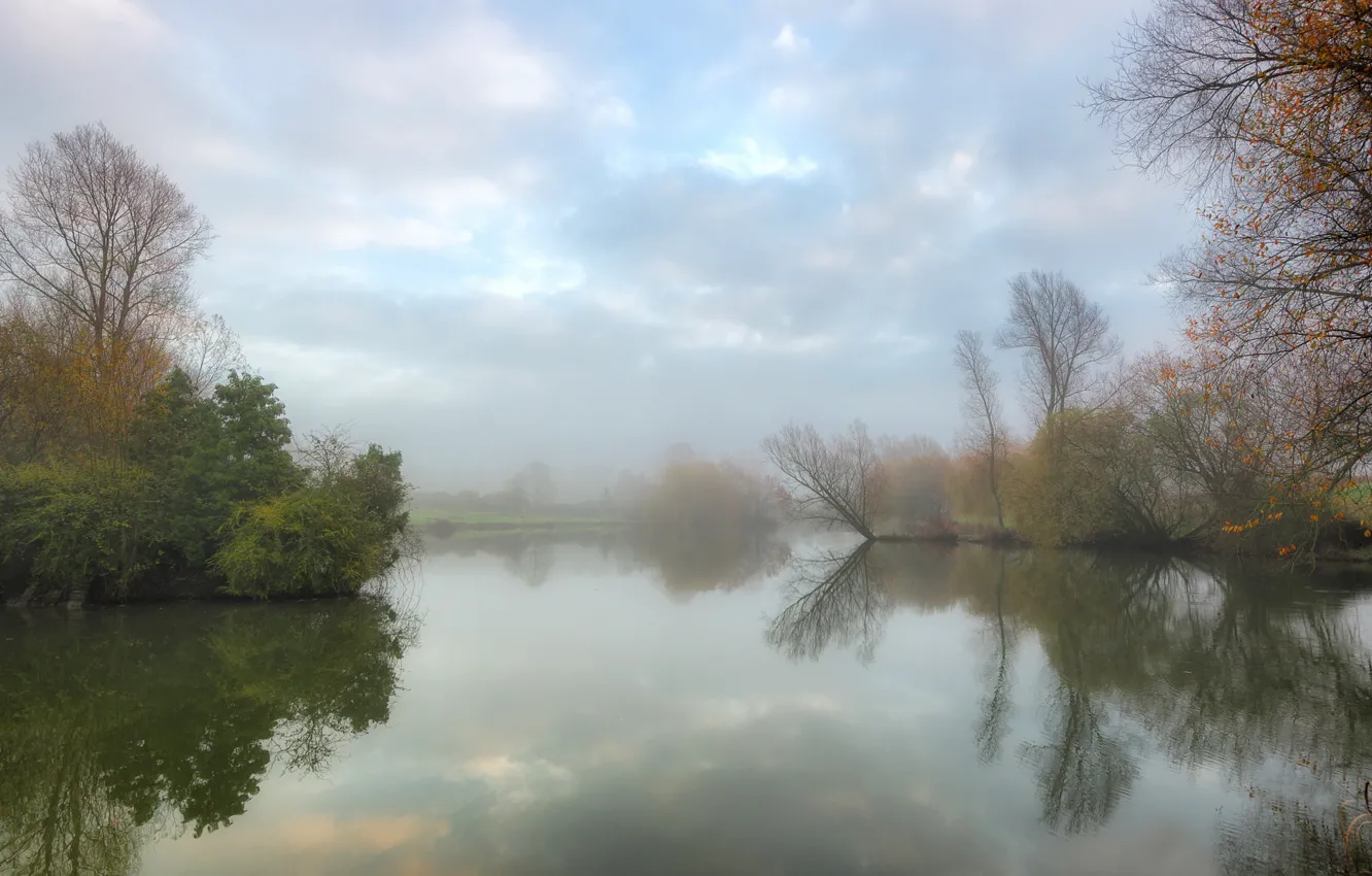 Фото обои осень, туман, озеро, пруд, спокойствие, утро, тишь