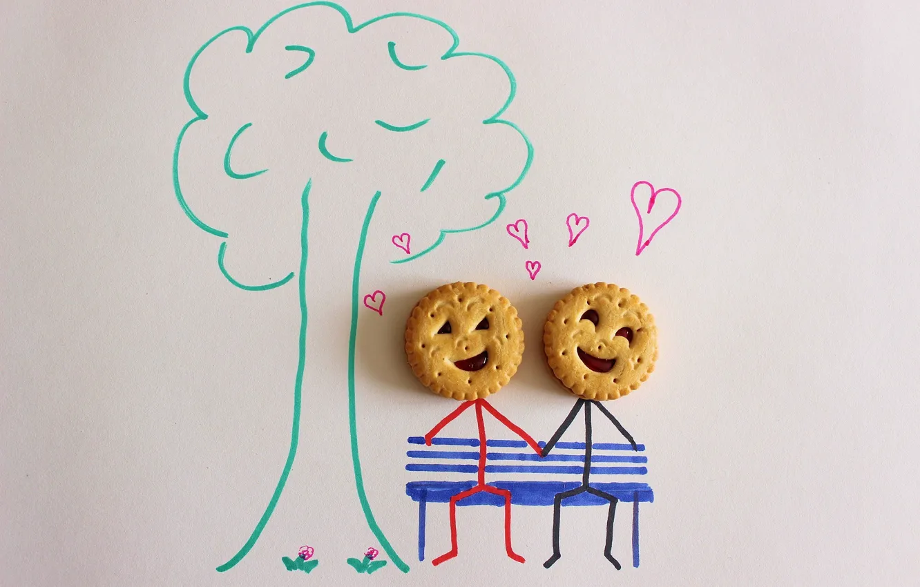 Фото обои дерево, рисунок, сердечки, Печенье